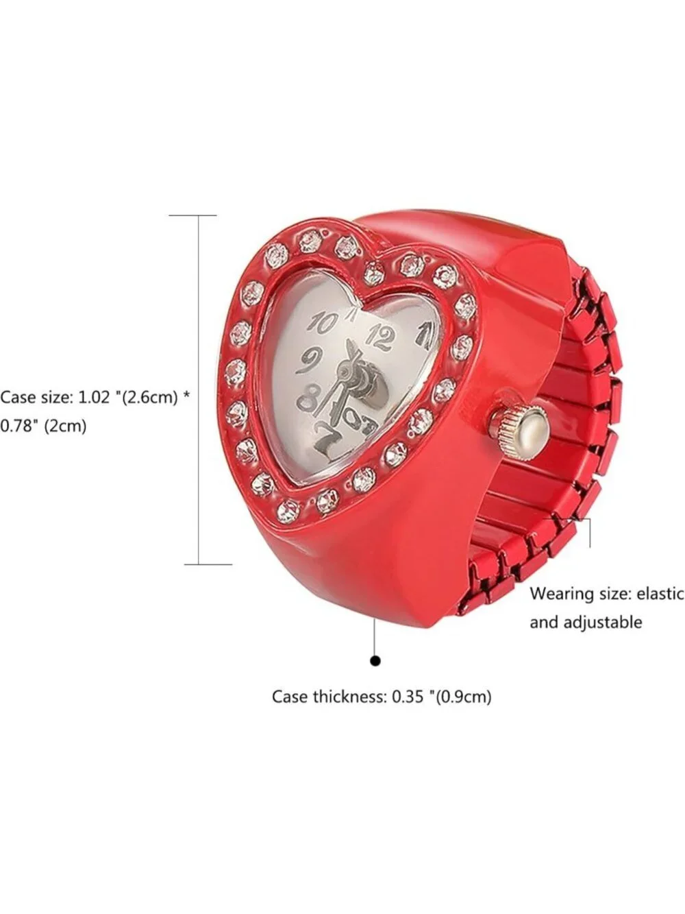 Unisex Red Analog Quartz Easy Read Adjustable Modern Heart Finger Ring Watch